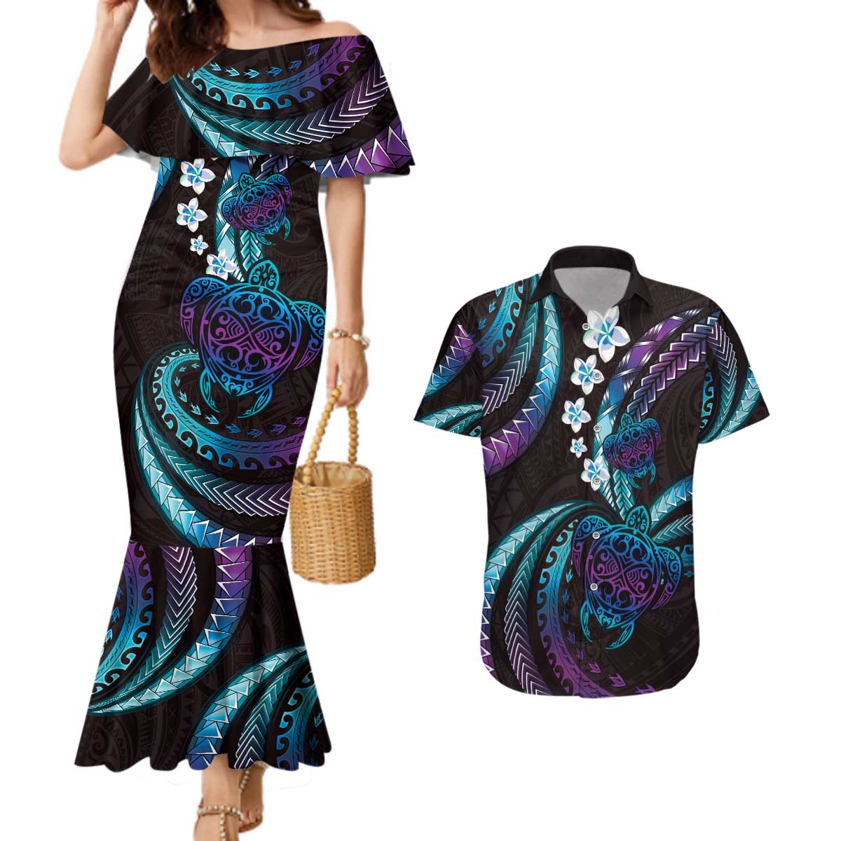 Hawaii Turtles Plumeria Couples Matching Mermaid Dress and Hawaiian Shirt Amethyst Gradient Polynesian Pattern