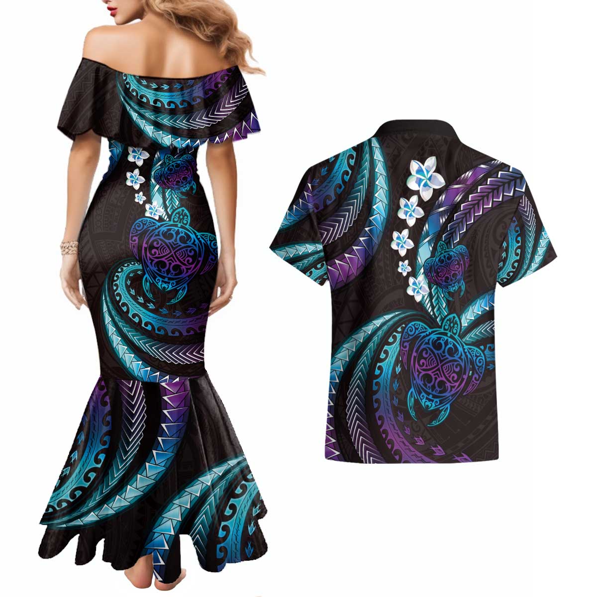 Hawaii Turtles Plumeria Couples Matching Mermaid Dress and Hawaiian Shirt Amethyst Gradient Polynesian Pattern