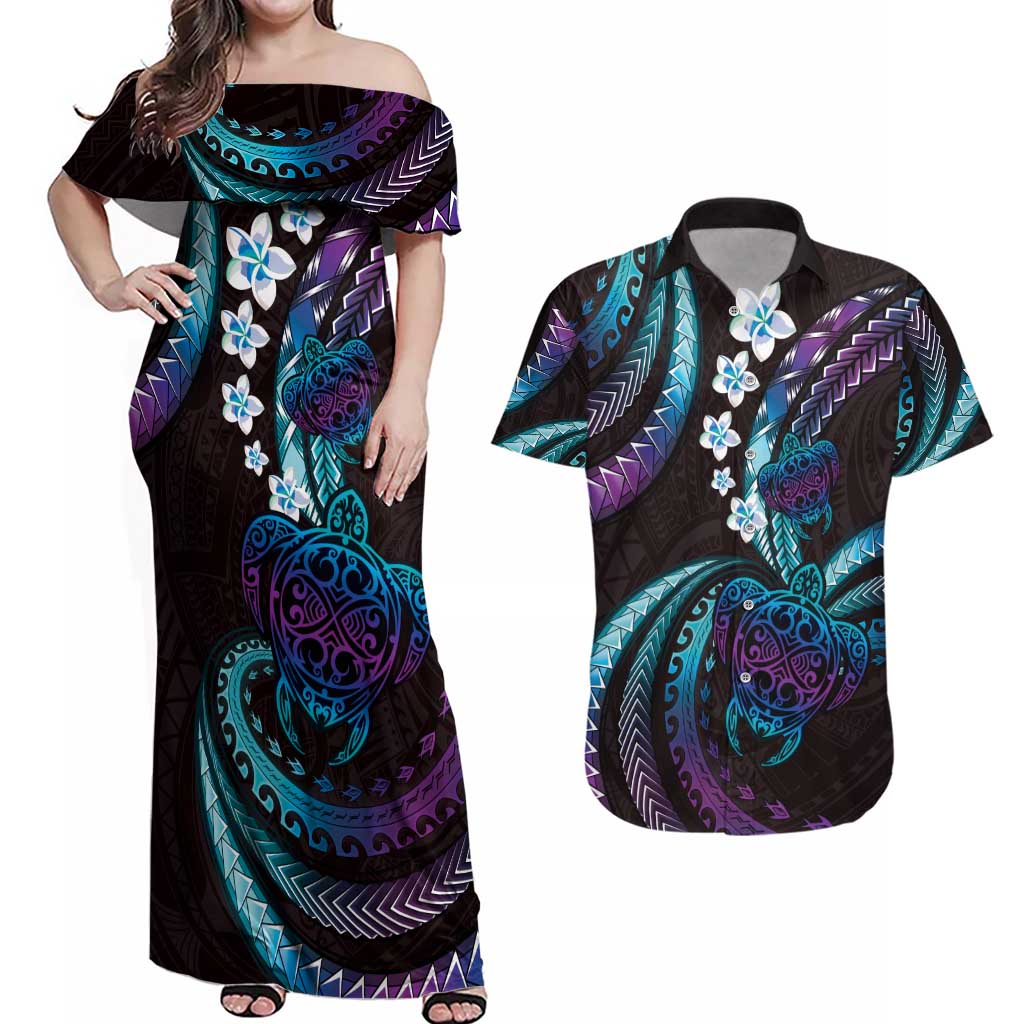 Hawaii Turtles Plumeria Couples Matching Off Shoulder Maxi Dress and Hawaiian Shirt Amethyst Gradient Polynesian Pattern