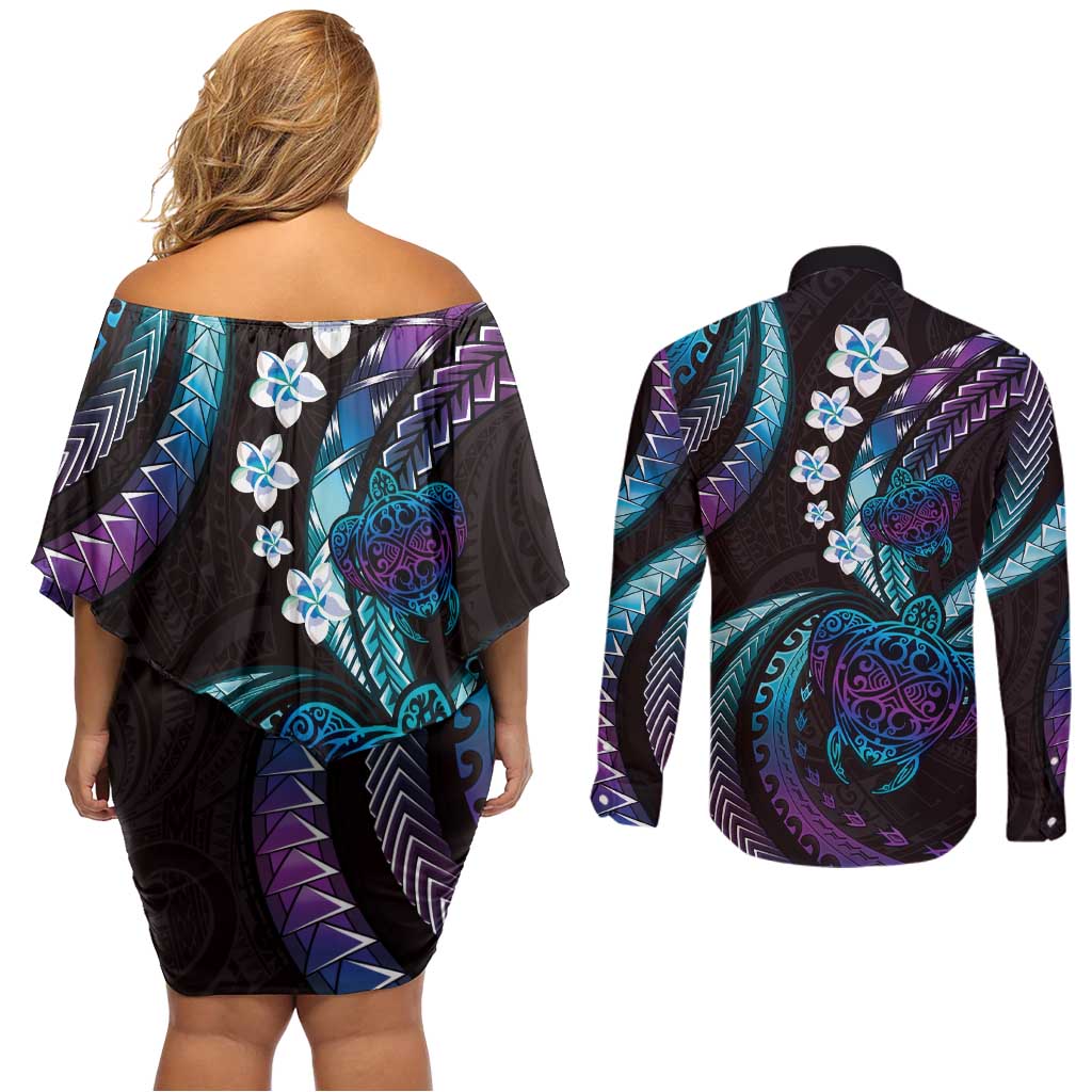 Hawaii Turtles Plumeria Couples Matching Off Shoulder Short Dress and Long Sleeve Button Shirt Amethyst Gradient Polynesian Pattern