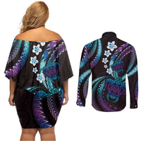 Hawaii Turtles Plumeria Couples Matching Off Shoulder Short Dress and Long Sleeve Button Shirt Amethyst Gradient Polynesian Pattern