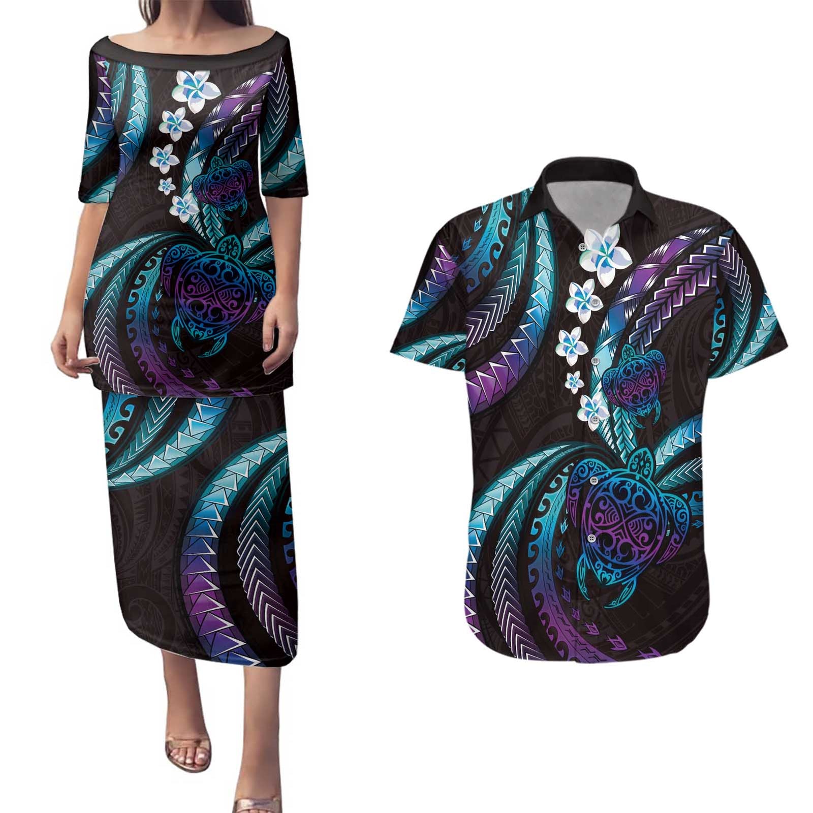 Hawaii Turtles Plumeria Couples Matching Puletasi and Hawaiian Shirt Amethyst Gradient Polynesian Pattern
