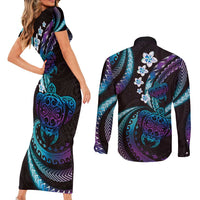 Hawaii Turtles Plumeria Couples Matching Short Sleeve Bodycon Dress and Long Sleeve Button Shirt Amethyst Gradient Polynesian Pattern