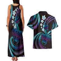 Hawaii Turtles Plumeria Couples Matching Tank Maxi Dress and Hawaiian Shirt Amethyst Gradient Polynesian Pattern