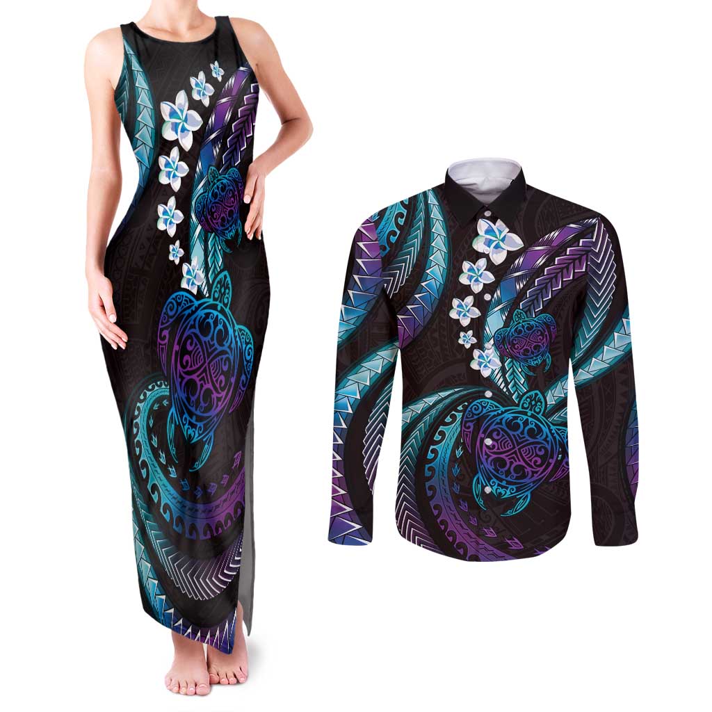 Hawaii Turtles Plumeria Couples Matching Tank Maxi Dress and Long Sleeve Button Shirt Amethyst Gradient Polynesian Pattern