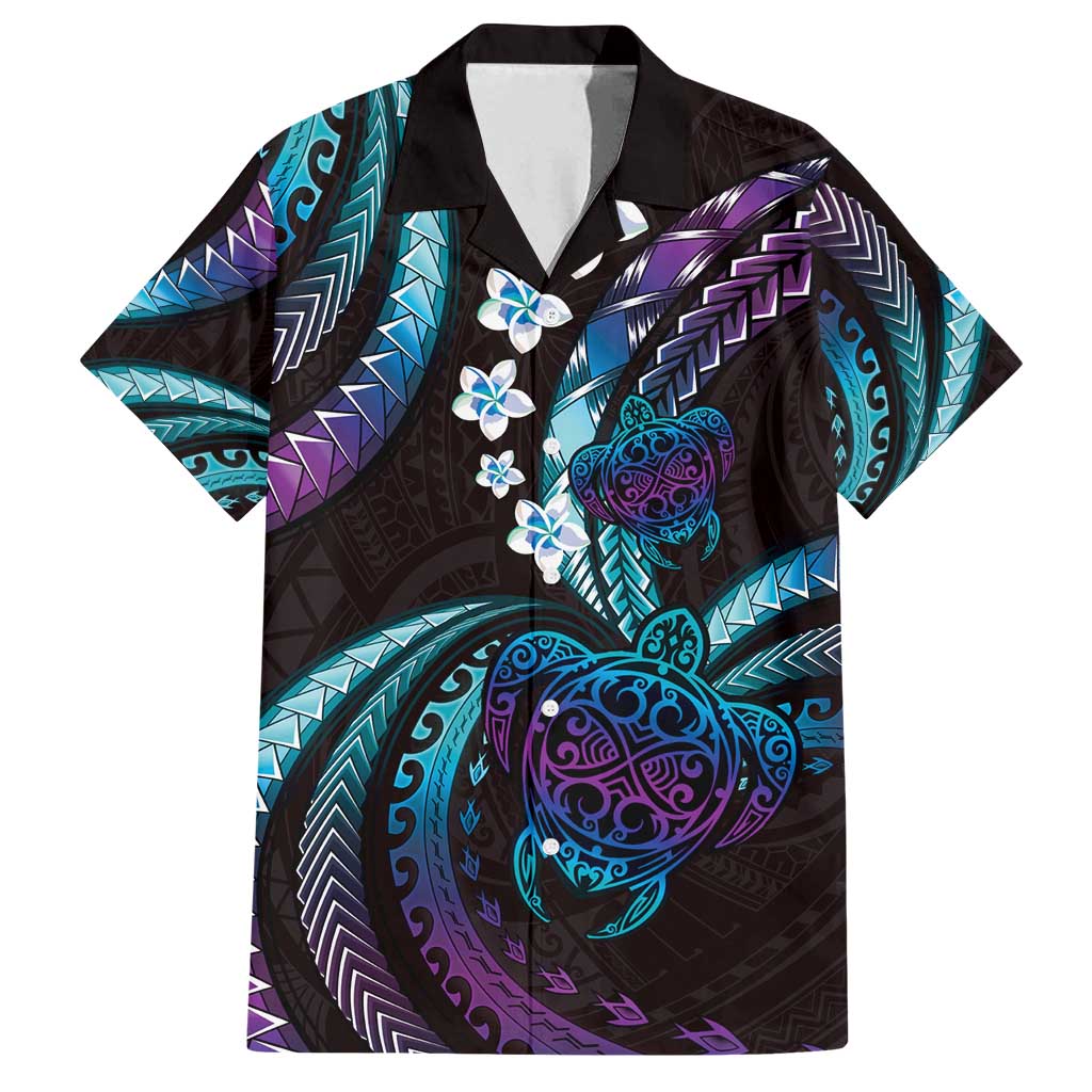 Hawaii Turtles Plumeria Family Matching Long Sleeve Bodycon Dress and Hawaiian Shirt Amethyst Gradient Polynesian Pattern