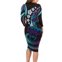 Hawaii Turtles Plumeria Family Matching Long Sleeve Bodycon Dress and Hawaiian Shirt Amethyst Gradient Polynesian Pattern