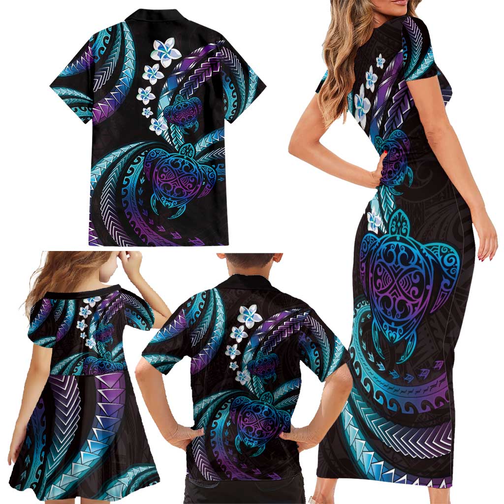 Hawaii Turtles Plumeria Family Matching Short Sleeve Bodycon Dress and Hawaiian Shirt Amethyst Gradient Polynesian Pattern