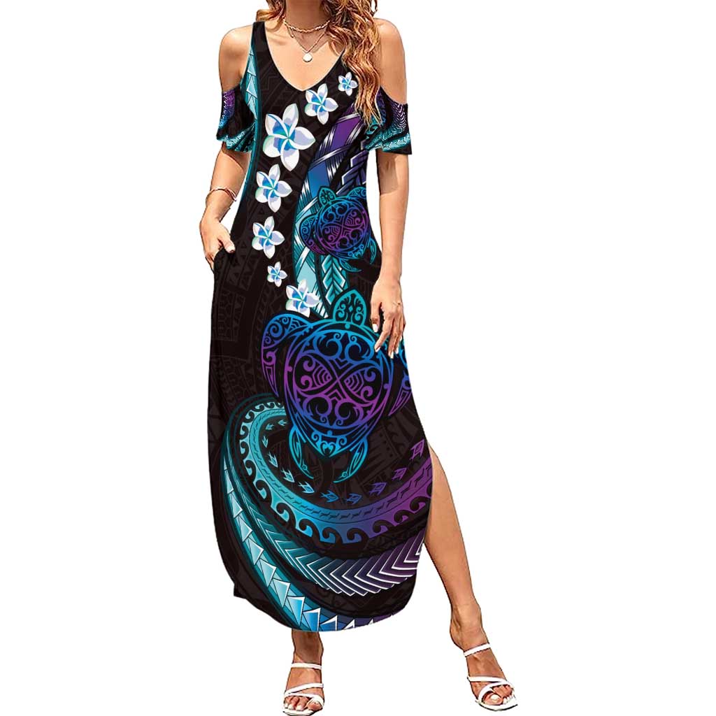 Hawaii Turtles Plumeria Family Matching Summer Maxi Dress and Hawaiian Shirt Amethyst Gradient Polynesian Pattern