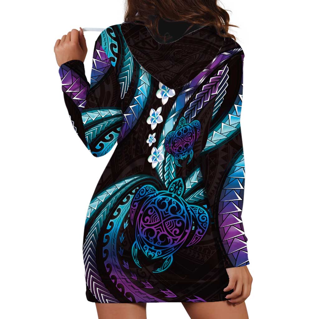 Hawaii Turtles Plumeria Hoodie Dress Amethyst Gradient Polynesian Pattern