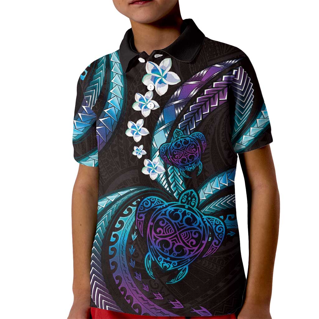Hawaii Turtles Plumeria Kid Polo Shirt Amethyst Gradient Polynesian Pattern