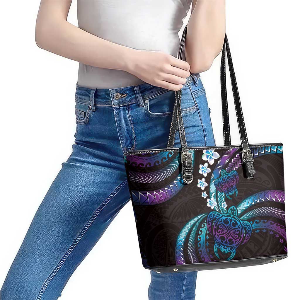 Hawaii Turtles Plumeria Leather Tote Bag Amethyst Gradient Polynesian Pattern