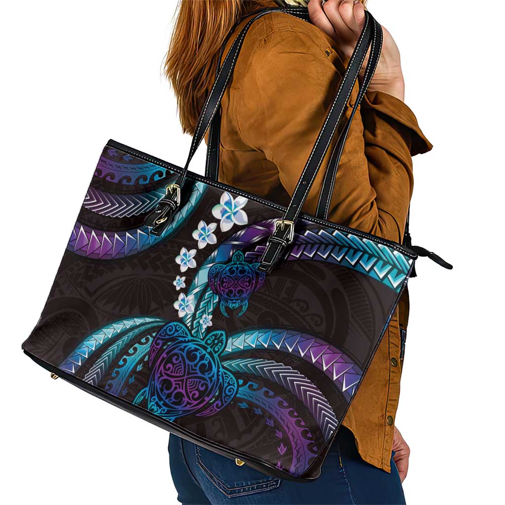 Hawaii Turtles Plumeria Leather Tote Bag Amethyst Gradient Polynesian Pattern