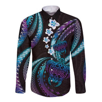 Hawaii Turtles Plumeria Long Sleeve Button Shirt Amethyst Gradient Polynesian Pattern