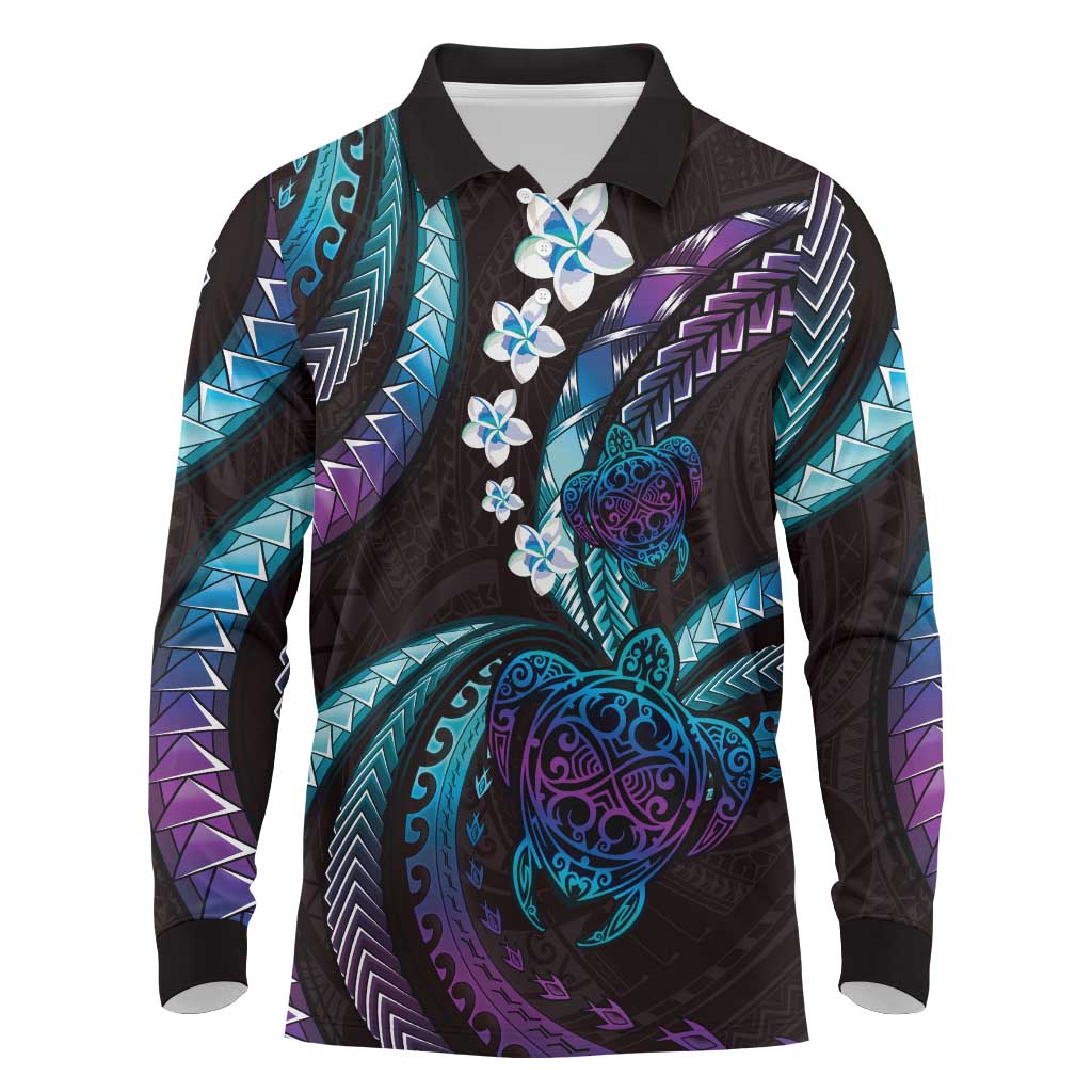 Hawaii Turtles Plumeria Long Sleeve Polo Shirt Amethyst Gradient Polynesian Pattern