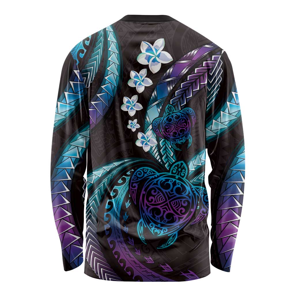 Hawaii Turtles Plumeria Long Sleeve Shirt Amethyst Gradient Polynesian Pattern