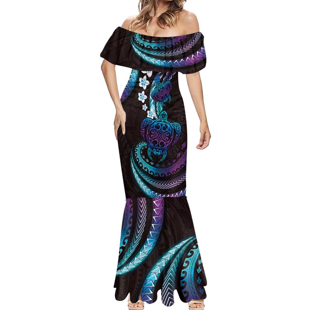Hawaii Turtles Plumeria Mermaid Dress Amethyst Gradient Polynesian Pattern