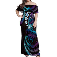 Hawaii Turtles Plumeria Off Shoulder Maxi Dress Amethyst Gradient Polynesian Pattern