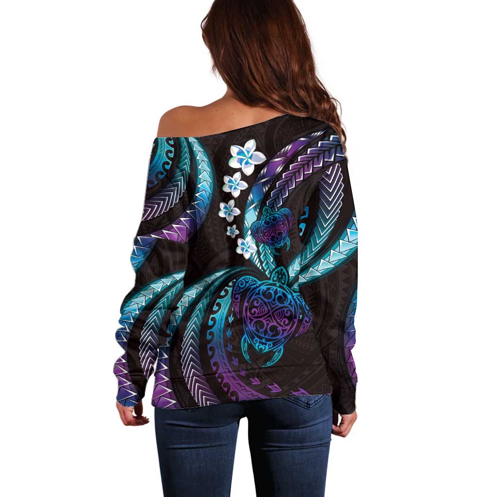Hawaii Turtles Plumeria Off Shoulder Sweater Amethyst Gradient Polynesian Pattern