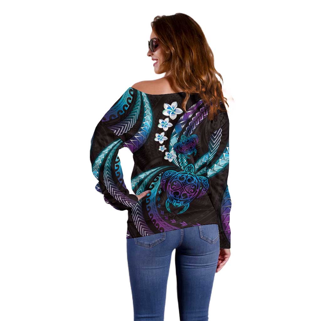 Hawaii Turtles Plumeria Off Shoulder Sweater Amethyst Gradient Polynesian Pattern