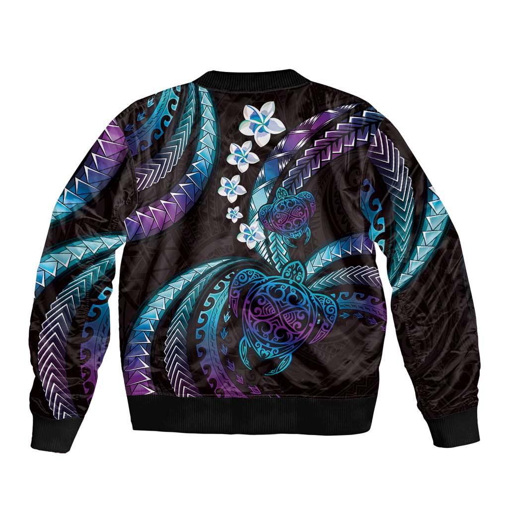 Hawaii Turtles Plumeria Sleeve Zip Bomber Jacket Amethyst Gradient Polynesian Pattern LT01 - Polynesian Pride