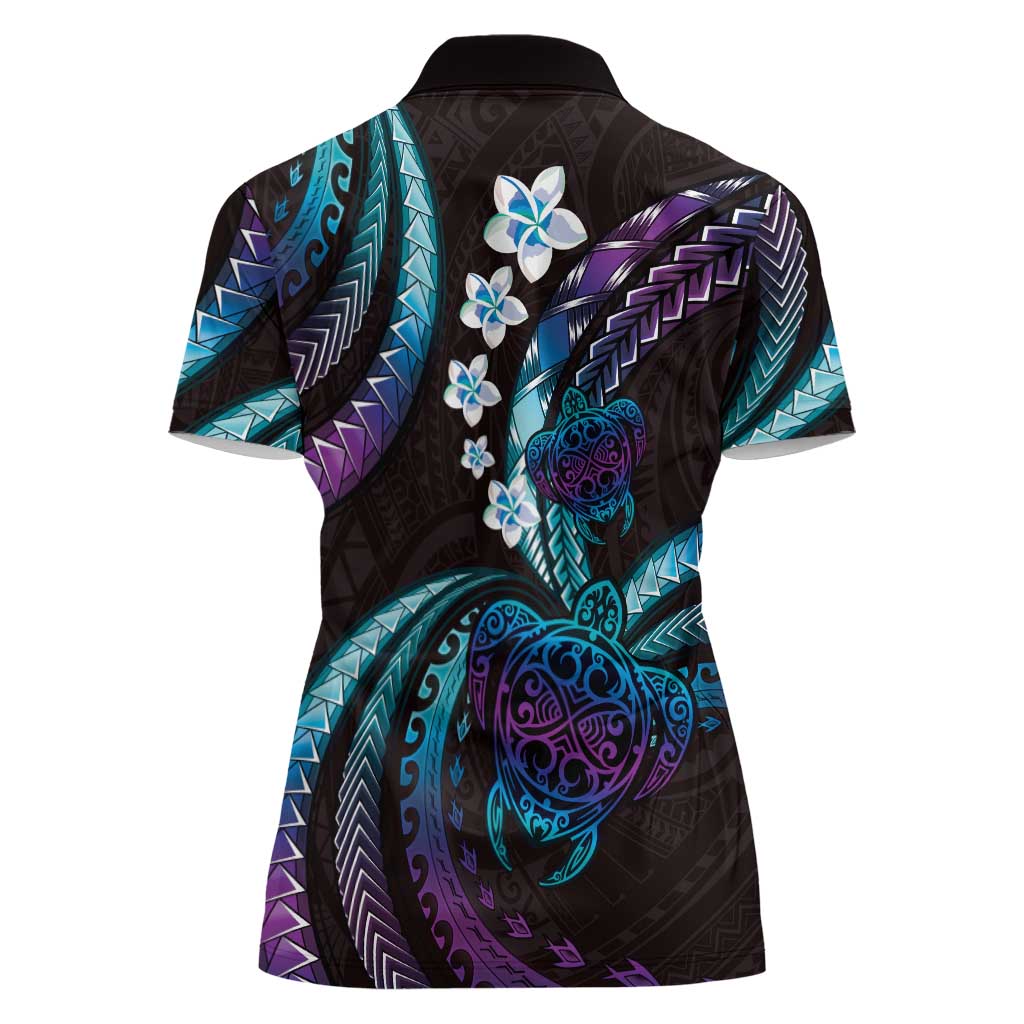 Hawaii Turtles Plumeria Women Polo Shirt Amethyst Gradient Polynesian Pattern