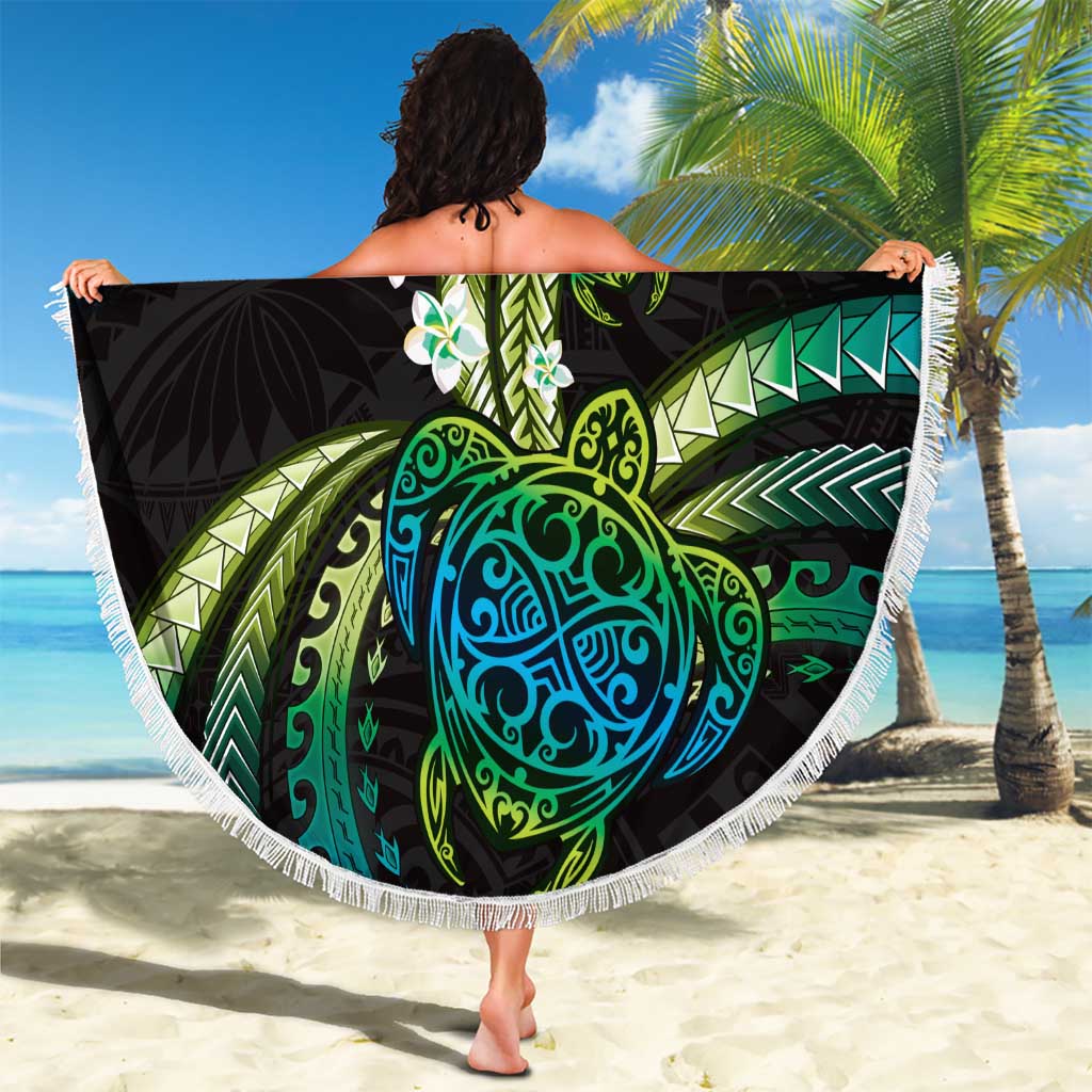 Hawaii Turtles Plumeria Beach Blanket Chartreuse Cyan Polynesian Pattern