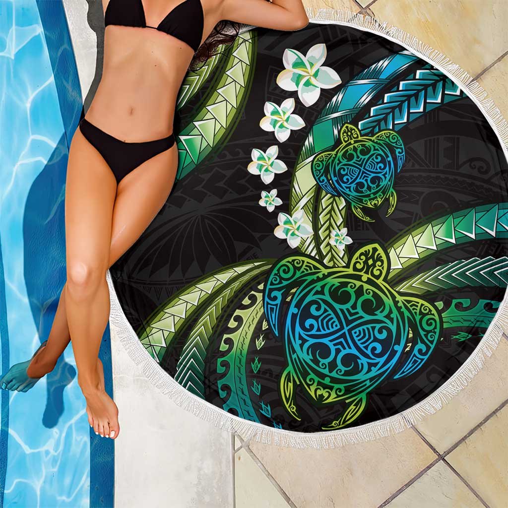 Hawaii Turtles Plumeria Beach Blanket Chartreuse Cyan Polynesian Pattern