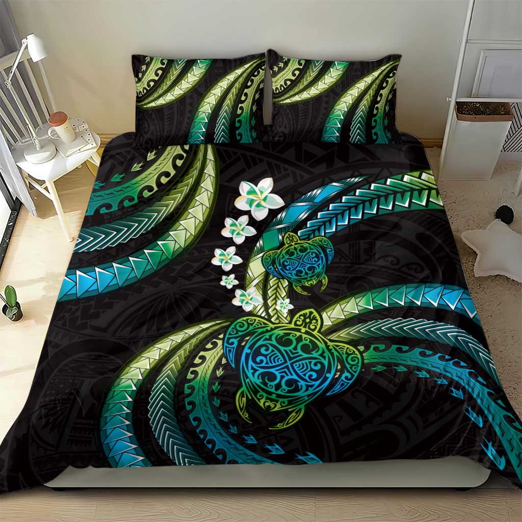 Hawaii Turtles Plumeria Bedding Set Chartreuse Cyan Polynesian Pattern
