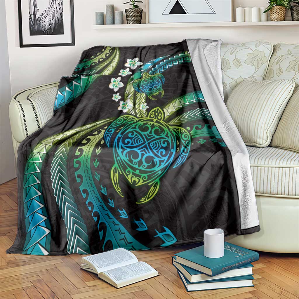 Hawaii Turtles Plumeria Blanket Chartreuse Cyan Polynesian Pattern