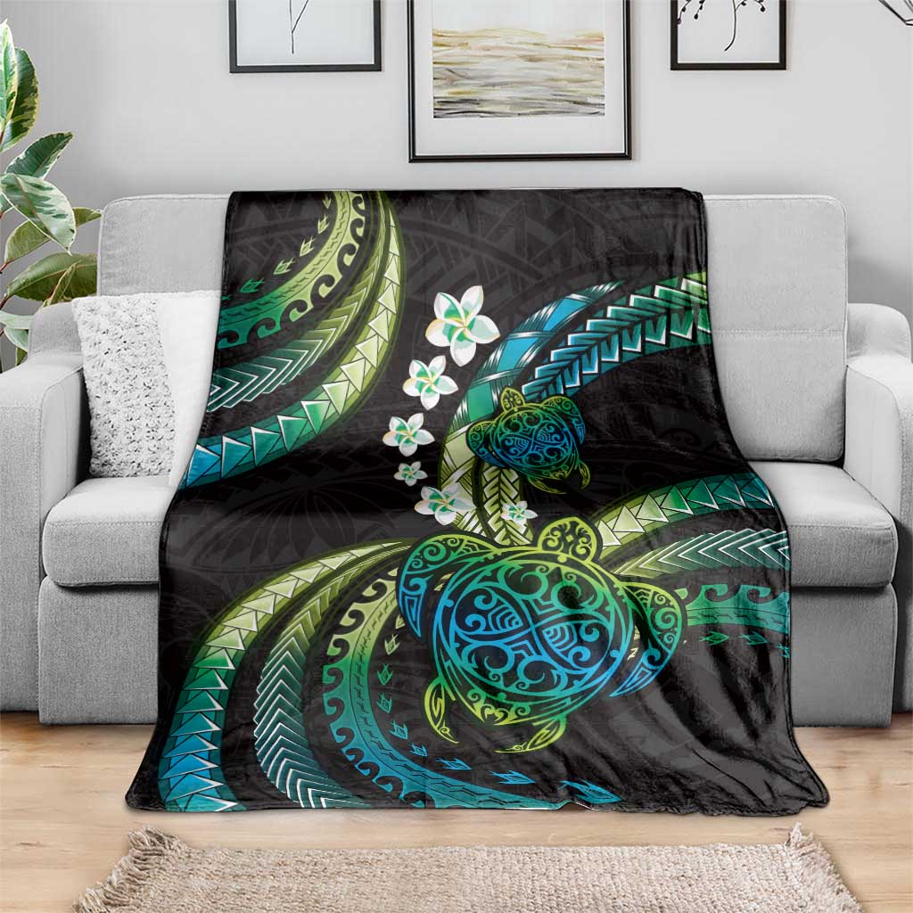 Hawaii Turtles Plumeria Blanket Chartreuse Cyan Polynesian Pattern