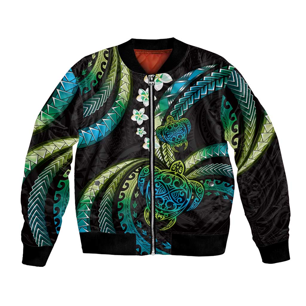 Hawaii Turtles Plumeria Bomber Jacket Chartreuse Cyan Polynesian Pattern