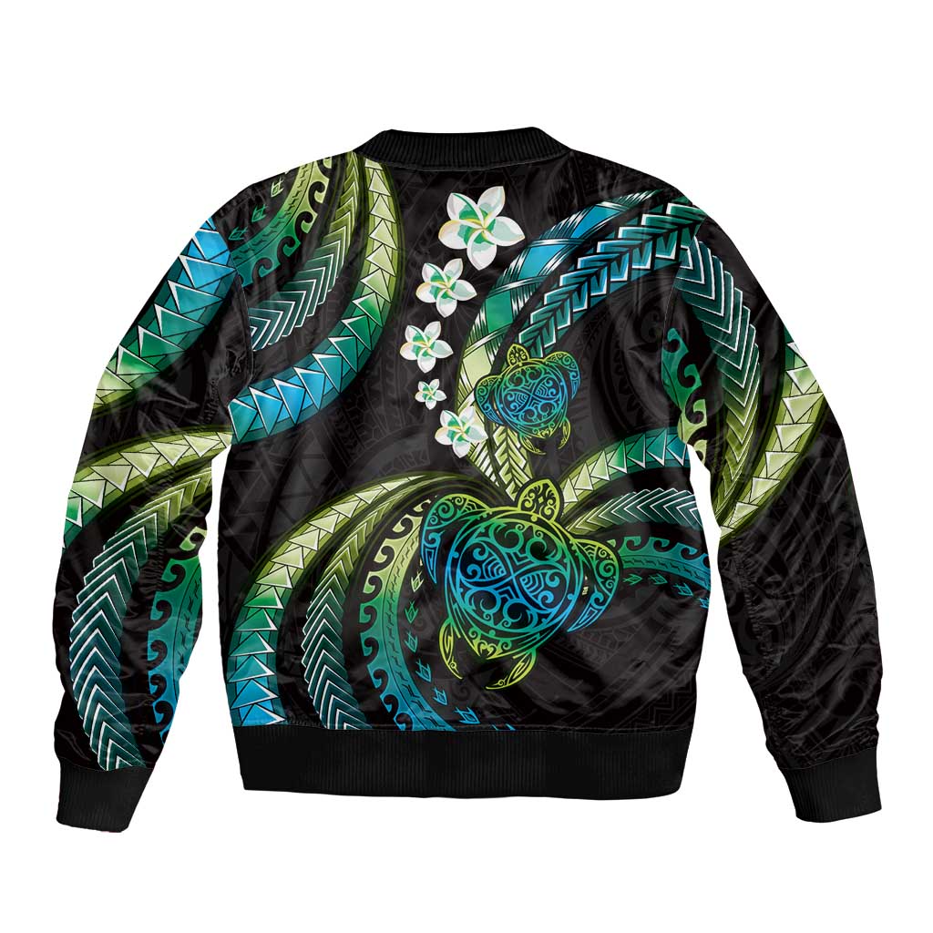 Hawaii Turtles Plumeria Bomber Jacket Chartreuse Cyan Polynesian Pattern LT01 - Polynesian Pride