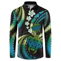 Hawaii Turtles Plumeria Button Sweatshirt Chartreuse Cyan Polynesian Pattern