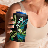 Hawaii Turtles Plumeria 4 in 1 Can Cooler Tumbler Chartreuse Cyan Polynesian Pattern