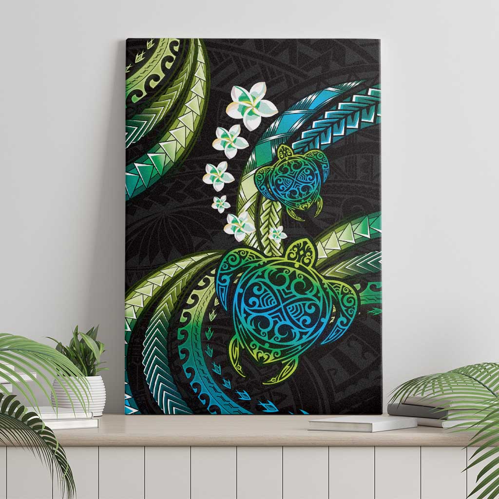 Hawaii Turtles Plumeria Canvas Wall Art Chartreuse Cyan Polynesian Pattern