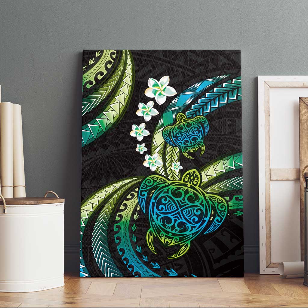 Hawaii Turtles Plumeria Canvas Wall Art Chartreuse Cyan Polynesian Pattern