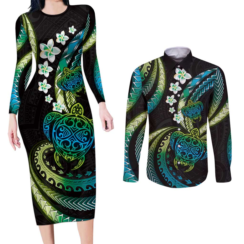 Hawaii Turtles Plumeria Couples Matching Long Sleeve Bodycon Dress and Long Sleeve Button Shirt Chartreuse Cyan Polynesian Pattern