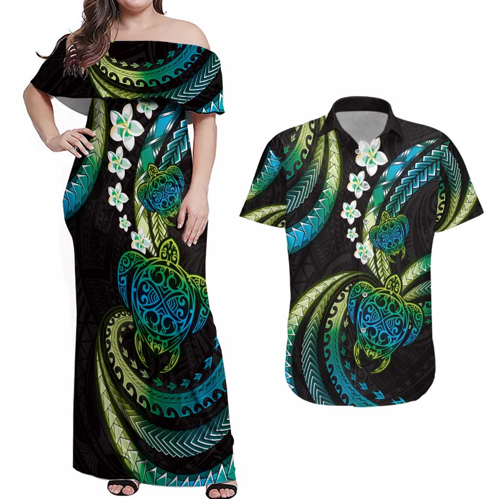 Hawaii Turtles Plumeria Couples Matching Off Shoulder Maxi Dress and Hawaiian Shirt Chartreuse Cyan Polynesian Pattern
