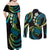 Hawaii Turtles Plumeria Couples Matching Off Shoulder Maxi Dress and Long Sleeve Button Shirt Chartreuse Cyan Polynesian Pattern