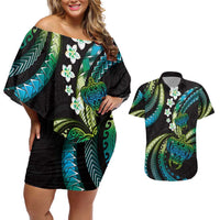 Hawaii Turtles Plumeria Couples Matching Off Shoulder Short Dress and Hawaiian Shirt Chartreuse Cyan Polynesian Pattern