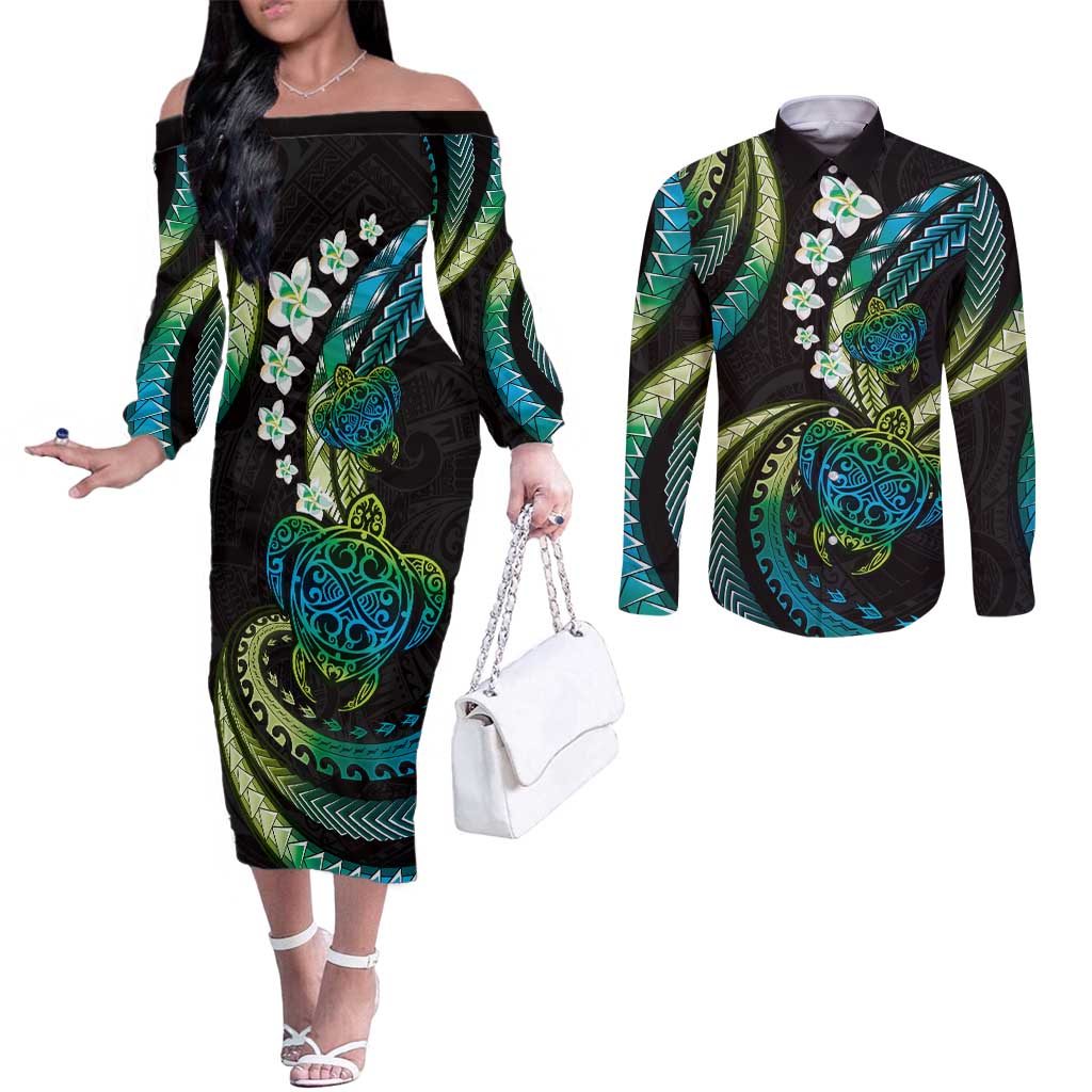 Hawaii Turtles Plumeria Couples Matching Off The Shoulder Long Sleeve Dress and Long Sleeve Button Shirt Chartreuse Cyan Polynesian Pattern