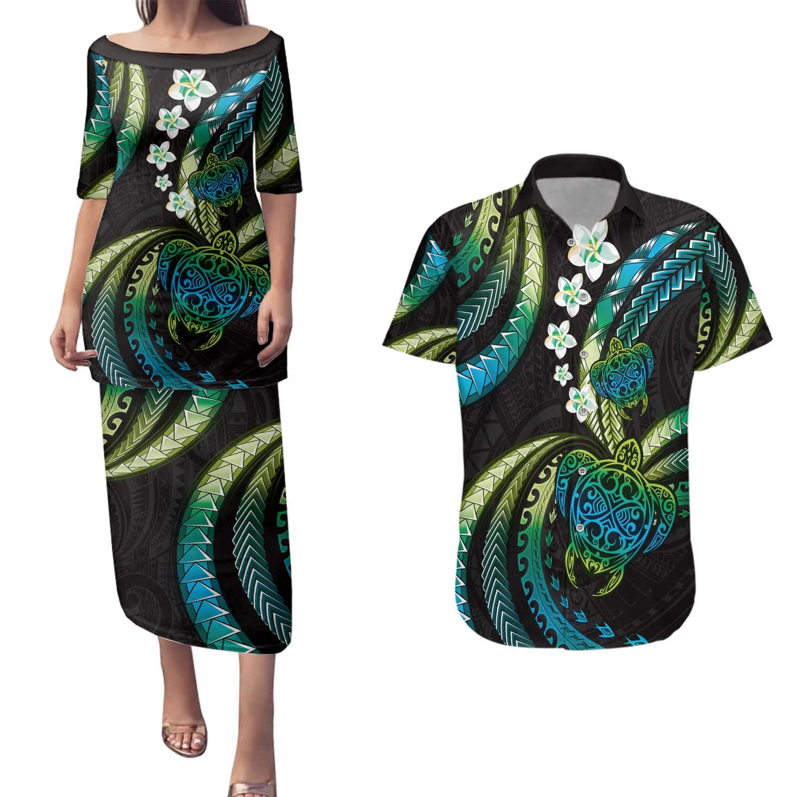 Hawaii Turtles Plumeria Couples Matching Puletasi and Hawaiian Shirt Chartreuse Cyan Polynesian Pattern