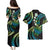 Hawaii Turtles Plumeria Couples Matching Puletasi and Hawaiian Shirt Chartreuse Cyan Polynesian Pattern