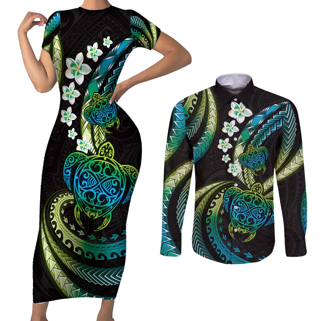 Hawaii Turtles Plumeria Couples Matching Short Sleeve Bodycon Dress and Long Sleeve Button Shirt Chartreuse Cyan Polynesian Pattern