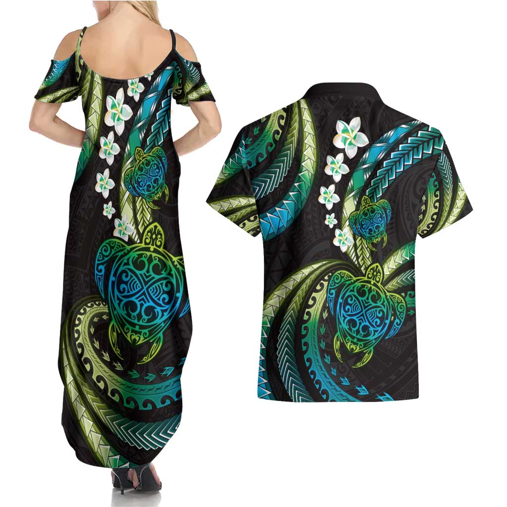 Hawaii Turtles Plumeria Couples Matching Summer Maxi Dress and Hawaiian Shirt Chartreuse Cyan Polynesian Pattern