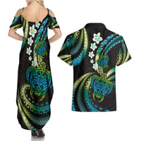 Hawaii Turtles Plumeria Couples Matching Summer Maxi Dress and Hawaiian Shirt Chartreuse Cyan Polynesian Pattern
