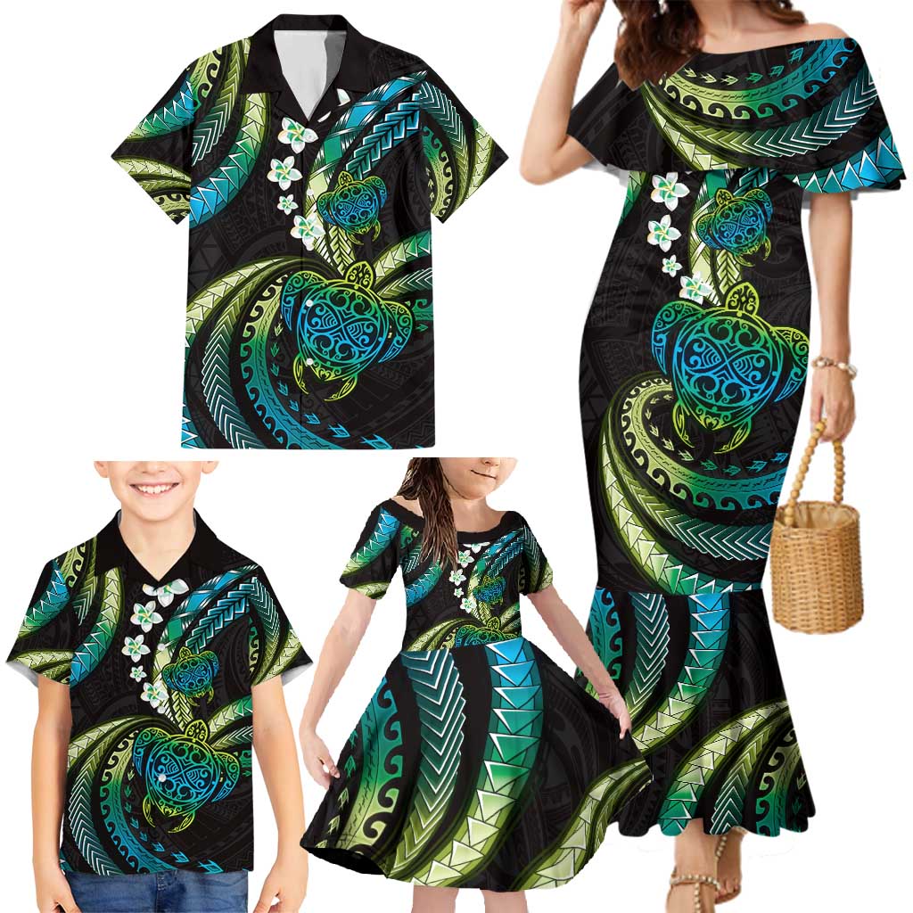 Hawaii Turtles Plumeria Family Matching Mermaid Dress and Hawaiian Shirt Chartreuse Cyan Polynesian Pattern