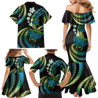 Hawaii Turtles Plumeria Family Matching Mermaid Dress and Hawaiian Shirt Chartreuse Cyan Polynesian Pattern