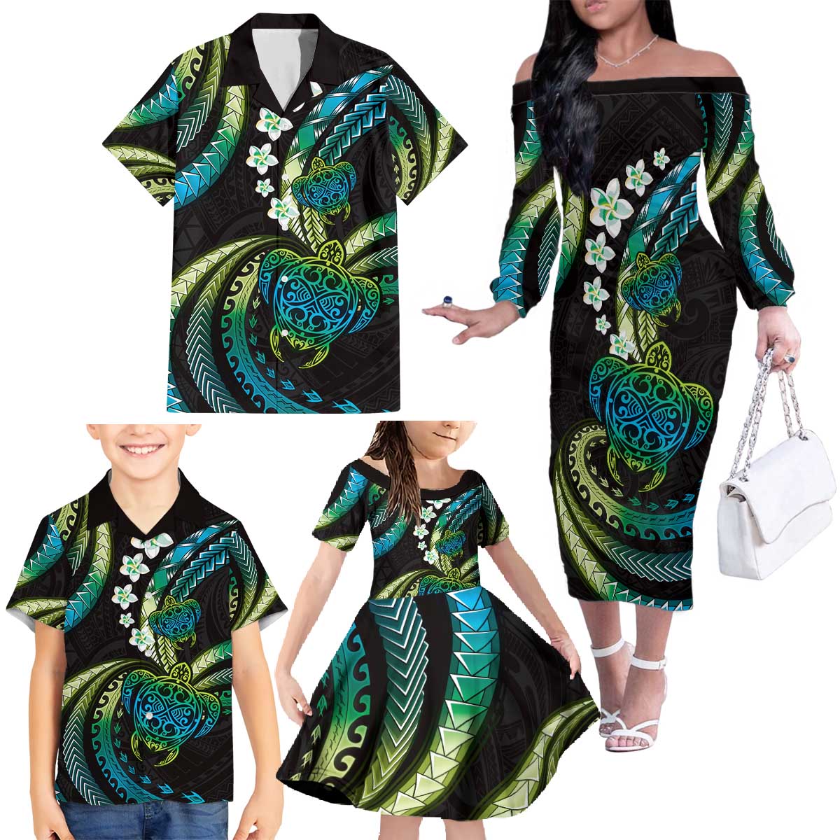 Hawaii Turtles Plumeria Family Matching Off The Shoulder Long Sleeve Dress and Hawaiian Shirt Chartreuse Cyan Polynesian Pattern